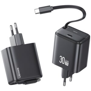 USAMS Charger 1xUSB-C with retractable USB-C Retractable PD+QC 30W Gan Fast Charging juodos spalvos - Image 3