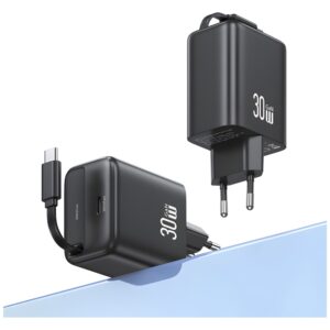 USAMS Charger 1xUSB-C with retractable USB-C Retractable PD+QC 30W Gan Fast Charging juodos spalvos - Image 4