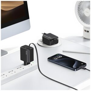 USAMS Charger 1xUSB-C with retractable USB-C Retractable PD+QC 30W Gan Fast Charging juodos spalvos - Image 6