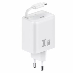 USAMS Charger 1xUSB-C with retractable USB-C Retractable PD+QC 30W Gan Fast Charging baltos spalvos - Image 1