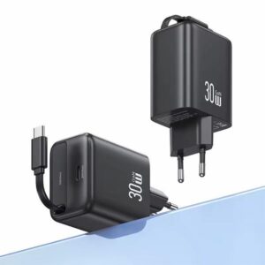 USAMS Charger 1xUSB-C with retractable USB-C Retractable PD+QC 30W Gan Fast Charging baltos spalvos - Image 2