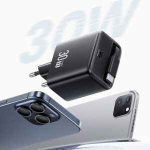 USAMS Charger 1xUSB-C with retractable USB-C Retractable PD+QC 30W Gan Fast Charging baltos spalvos - Image 3