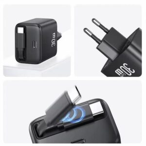 USAMS Charger 1xUSB-C with retractable USB-C Retractable PD+QC 30W Gan Fast Charging baltos spalvos - Image 5