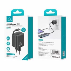 USAMS Charger 1xUSB-C with retractable USB-C Retractable PD+QC 30W Gan Fast Charging baltos spalvos - Image 6