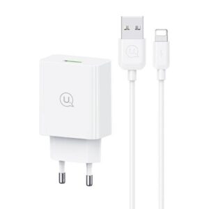 USAMS 18W Laidinis įkroviklis + Lightning/USB-A Fast Charging Cable baltos spalvos Series SC SCXLTZ03 - Image 1