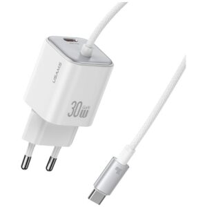 USAMS JC Series CC264 30W GaN Mini Fast Charge 2xUSB-C baltos spalvos Laidinis įkroviklis - Image 1