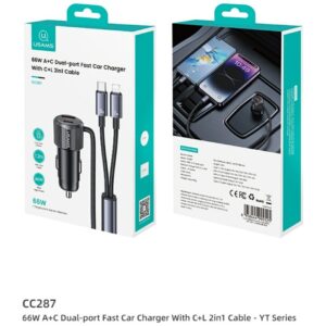 USAMS YT Series CC287 automobilinis įkroviklis 66W 1xUSB-A 1xUSB-C + 2in1 USB-C/Lightning Cable - Image 5