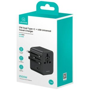 kelioninis įkroviklis Adapter USAMS CC308 2xUSB-C 17W 4in1 US/AU/EU/UK juodos spalvos - Image 10