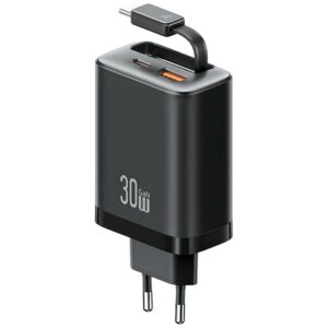 Laidinis įkroviklis USAMS Xiang Series CC296 30W 1xUSB-C 1xUSB-A + USB-C cable juodos spalvos - Image 1