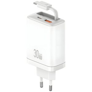 Laidinis įkroviklis USAMS Xiang Series CC296 30W 1xUSB-C 1xUSB-A + USB-C cable baltos spalvos - Image 1