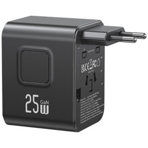 kelioninis įkroviklis Adapter USAMS CC309 2xUSB-C 25W 4in1 US/AU/EU/UK juodos spalvos - Image 4