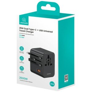 kelioninis įkroviklis Adapter USAMS CC309 2xUSB-C 25W 4in1 US/AU/EU/UK juodos spalvos - Image 8