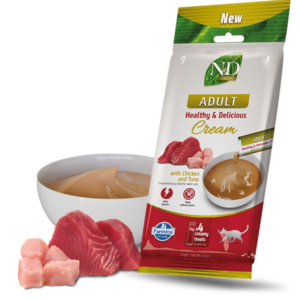 FARMINA N&D Prime Cat Cream with chicken & tuna adult box – skanėstas kačiukui – 4x15g