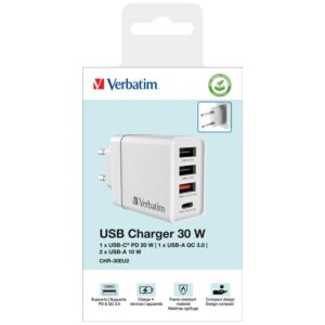 Verbatim 30W Laidinis įkroviklis 3xUSB-A/USB-C PD 3.0 CHR-30EU2 baltos spalvos 49701 - Image 5
