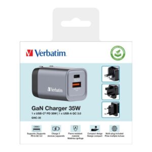 Verbatim GaN 35W Laidinis įkroviklis USB-C/USB-A + EU/UK/US Adapter GNC-35 32200 - Image 3