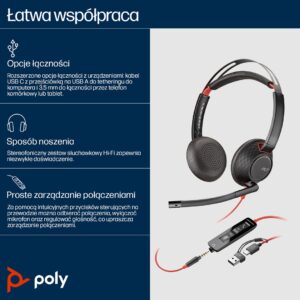 HP Poly „Poly Blackwire 5220“ stereofoninės ausinės su „USB-C“ jungtimi, 3,5 mm kištuku ir „USB-C/A“ adapteriu (didelis kiekis)