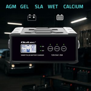 Qoltec 52514 Įkroviklis 12V 24V 25A | Lygintuvas su remonto funkcija AGM GEL SLA akumuliatoriui | LCD ekranas - Image 2