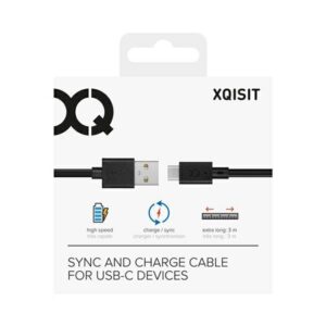 Xqisit kabelis Charge & Sync USB A -USB C3.0m juodos spalvos 31298 - Image 2