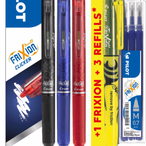 Gelinis rašiklis Pilot Frixion Clicker 0,7 mm, ištrinamas, 3 vnt./pakuotėje + geltonas teksto žymeklis + šerdelės blisteryje