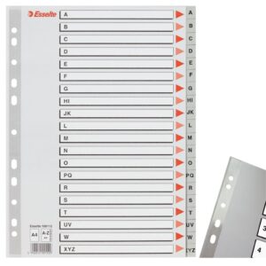 Skiriamieji lapai Esselte, A4, A-Z, plastikiniai, pilkos spalvos
