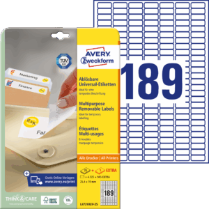 Lipnios etiketės Avery Zweckform, A4, 25.4x10mm, nuimamos, 189 etiketės lape, 25 lapai