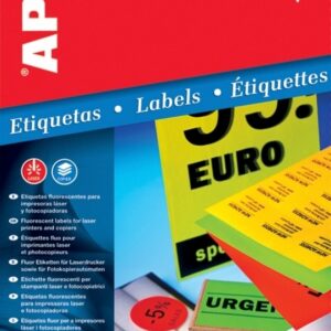 Lipnios etiketės Apli, A4, 91,1x67,7mm , 8 etiketės lape, 20 lapų, neoninės oranžinės spalvos