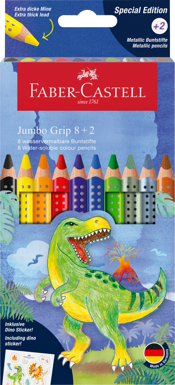 Jumbo Grip colour pencil Dino, cardboard wallet of 8+2