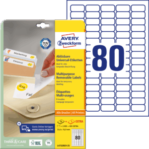 Lipnios etiketės Avery Zweckform, A4, nuimamos, 35.6x16.9mm, 25 lapai, baltos spalvos