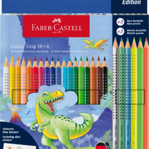 Spalvoti pieštukai Faber-Castell Colour Grip Dinozaurai, 18 + 3 neoninės ir 3 metalo spalvos