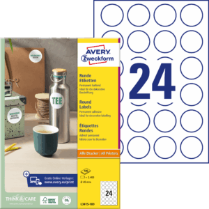 Lipnios etiketės Zweckform L3415, 40mm , A4, apvalios, 100 lapų, baltos spalvos