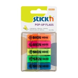 Plastikiniai žymekliai Stick´N 26004. ´Parašas čia´. 45x12mm. 5 spalvos po 30 vnt. blisteryje