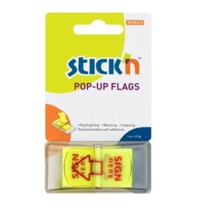 *Plastikiniai žymekliai Stick´N 26015, ´Parašas čia´, 45x25mm, 50vnt., neoninės geltonos spalvos, blisteryje