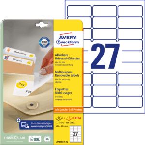 Lipnios etiketės Avery Zweckform, A4, nuimamos, 63.5x29.6mm, 27 etiketės lape, 25 lapai