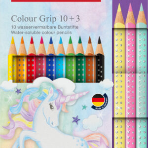 Spalvoti pieštukai Faber-Castell Colour Grip Unicorn 10 +3 sparkle pastell spalvos