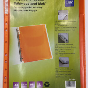 *Įmautės HSK, A4, su praplatėjimu, matinės, su kišenėle, 5vnt, oranžinės spalvos