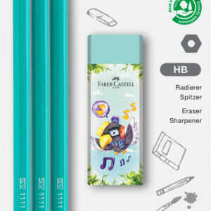 Pieštukų rinkinys Faber-Castell 1111 HB, 3 pieštukai, drožtukas ir trintukas, įvairių spalvų - Image 3