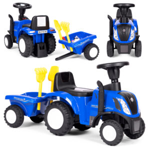 Vaikiškas traktorius New Holland su priekaba, interaktyviu vairu ir garsais, mėlynas