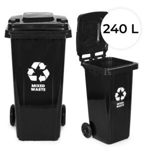 240L Large Wheelie Bin with Rubber Wheels – Black for Mixed Waste