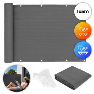 Balkono privatumo ekranas su tvirtinimo detalėmis 100x500 cm šešėlinis tinklelis + montavimo priedai pilkas MultiGarden - Image 1