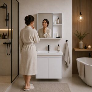 Vonios kambario spintelė su praustuvu ir veidrodžiu, pakabinamas baldų komplektas ModernHome - Image 2
