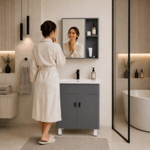 Vonios kambario spintelė su praustuvu + veidrodžio baldų komplektas ModernHome - Image 2
