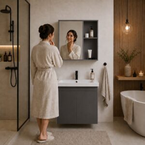 Vonios kambario spintelė su praustuvu ir veidrodžiu, pakabinamas baldų komplektas ModernHome - Image 2
