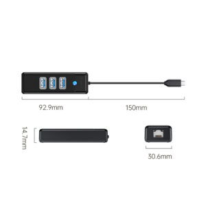 Orico PW3UR25-C3 USB Hub 4-Port 3x USB-A 3.0 1x RJ45 2.5G Ethernet 0.15m - Black - Image 3