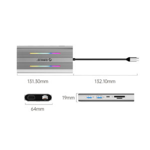 Orico XDR 12in1 RGB USB-C Docking Station USB-A USB-C PD 100W 2x HDMI 4K 60Hz VGA RJ45 Gigabit SD and microSD Card Reader - Gray - Image 3