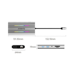 Orico XCR 12in1 RGB USB-C Docking Station 3x USB-A USB-C PD 100W HDMI 4K VGA RJ45 Gigabit SD and microSD Card Reader - Silver - Image 3