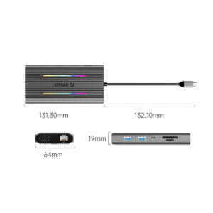 Orico XCR 12in1 RGB USB-C Docking Station 3x USB-A USB-C PD 100W HDMI 4K VGA RJ45 Gigabit SD and microSD Card Reader - Gray - Image 3