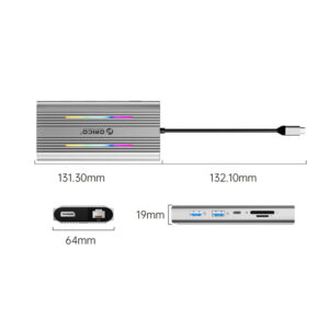 Orico XDR 12in1 RGB USB-C Docking Station USB-A USB-C 2x HDMI 4K 60 Hz DisplayPort 4K 60 Hz RJ45 Gigabit PD 100W SD and microSD Card Reader - Silver - Image 2