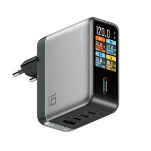 Cuktech AD1204U 120W Wall Charger with Display and USB-C Cable - sidabro spalvos