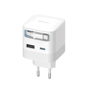 Cuktech AD653W 67W GaN 2x USB-C + USB-A Wall Charger with 70cm Retractable USB-C Cable - baltos spalvos