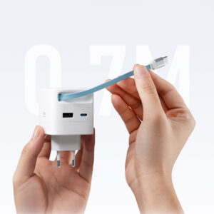 Cuktech AD653W 67W GaN 2x USB-C + USB-A Wall Charger with 70cm Retractable USB-C Cable - baltos spalvos - Image 3